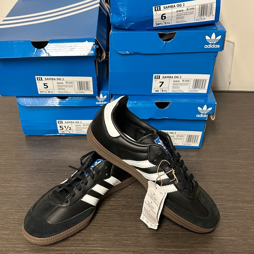 adidas Samba OG Kids Sneakers in Black with White Stripes and Gum Sole. Multiple